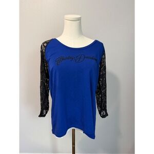 Blue/Black Lace Sleeve Harley-Davidson Top (Wildcat, London KY) — XL